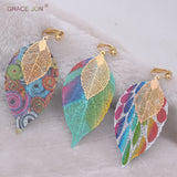 GRACE JUN Double Leaf Clip Earrings for Women Xmas Earrings