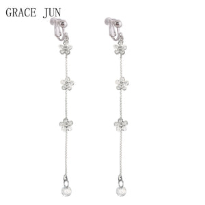 Korea Style Tassel Cubic Zircon Clip Earrings for Women Bridal Wedding
