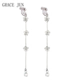 Korea Style Tassel Cubic Zircon Clip Earrings for Women Bridal Wedding