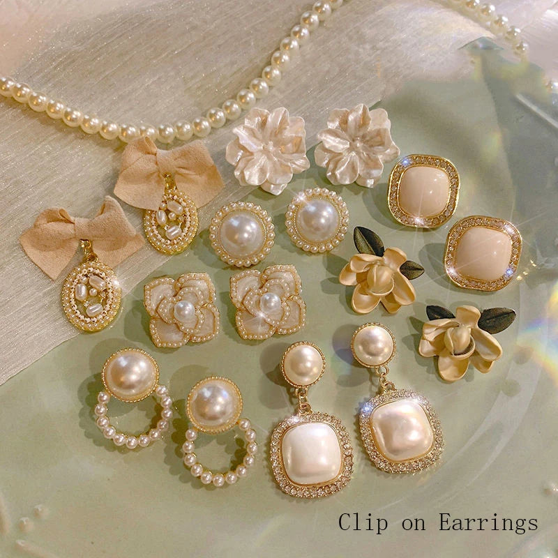Vintage Flower Clip Earrings Rhinestone Pearl Cuff