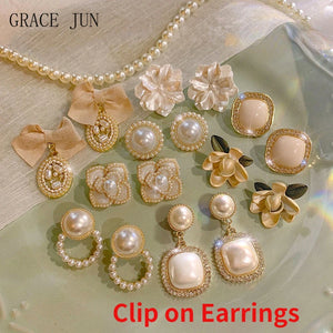 Vintage Flower Clip Earrings Rhinestone Pearl Cuff
