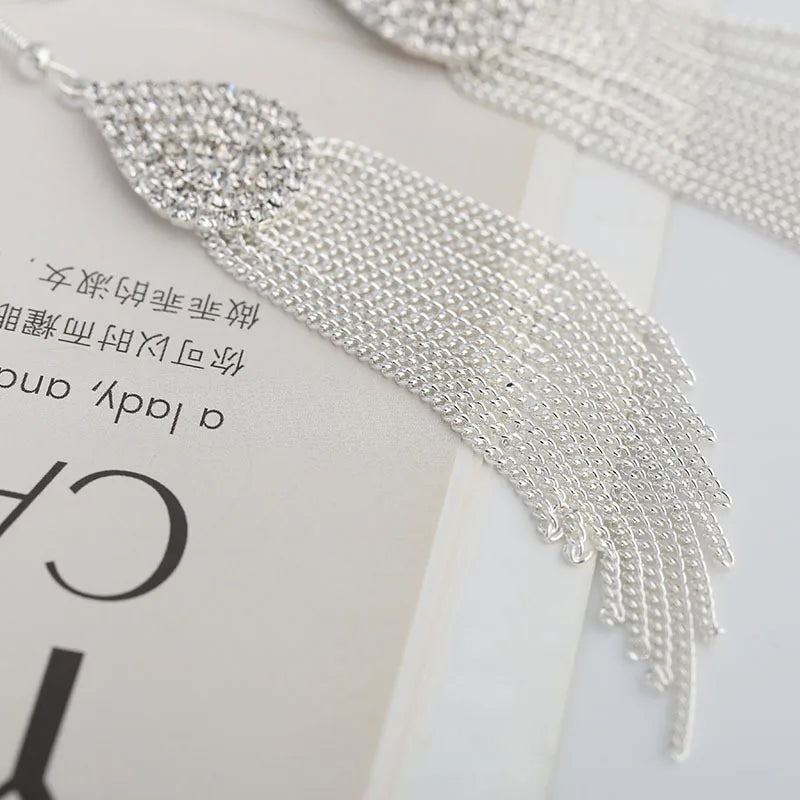 GRACE JUN Rhinestone Crystal Tassel Clip-on Earrings Vintage No Pierced