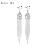 GRACE JUN Rhinestone Crystal Tassel Clip-on Earrings Vintage No Pierced