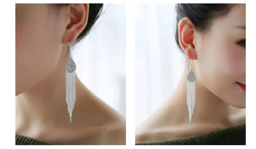 GRACE JUN Rhinestone Crystal Tassel Clip-on Earrings Vintage No Pierced