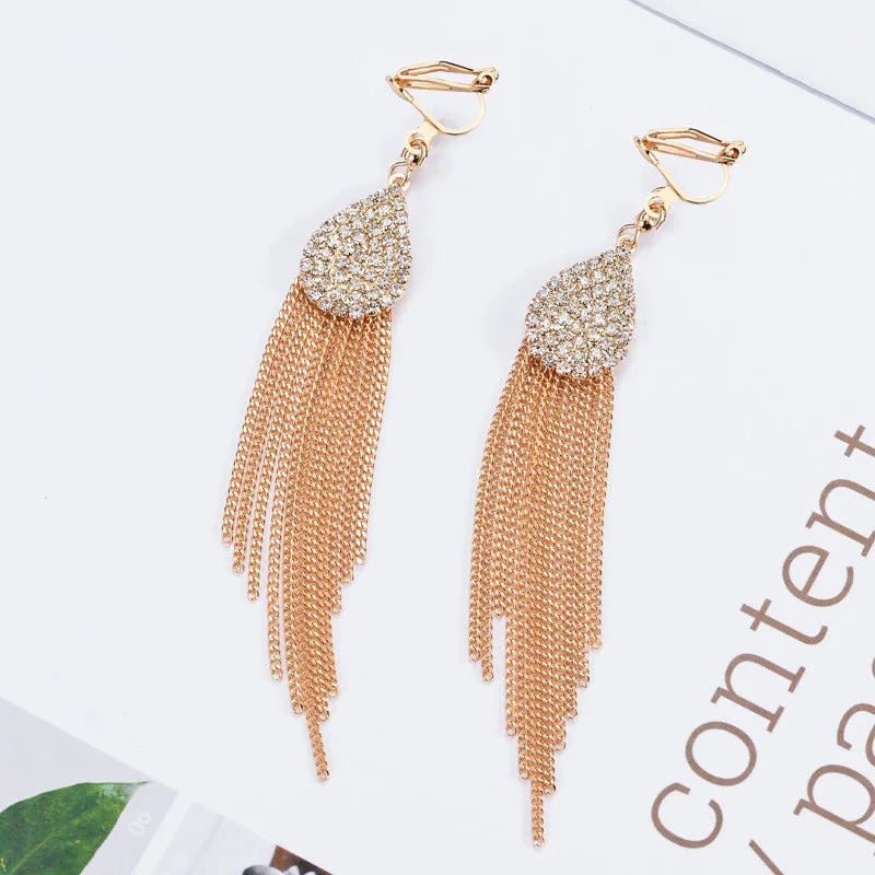 GRACE JUN Rhinestone Crystal Tassel Clip-on Earrings Vintage No Pierced