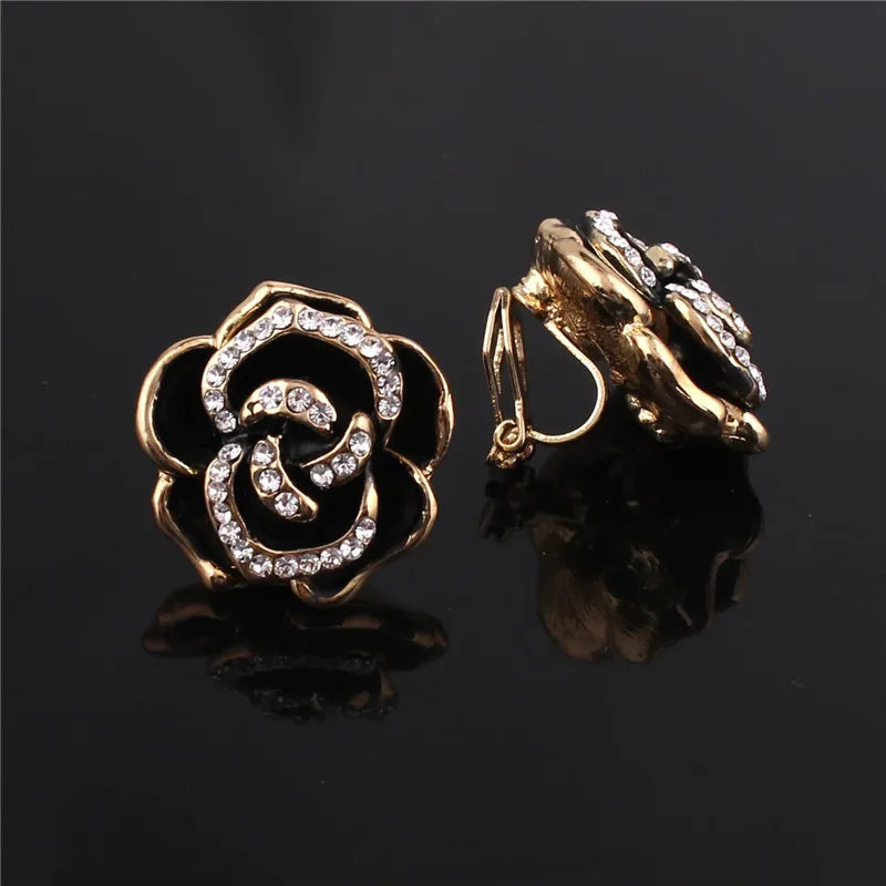 Vintage Rose Flower Clip on Earrings for Women