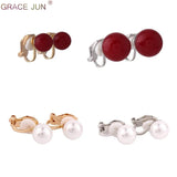 GRACE JUN Red Faux Pearl Clip on Earrings for Women