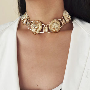 Hip-Hop Lion Heads Choker Necklace Metal Charm Women Jewelry