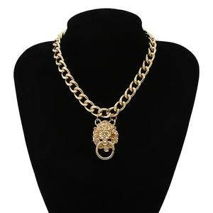 Punk Metal Chain Lion Head Pendant Necklace Gothic