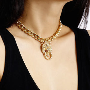 Punk Metal Chain Lion Head Pendant Necklace Gothic