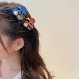 Retro Fabric Bow Pearl Button Hair Claw for Women