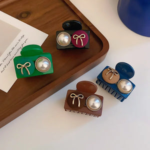 Retro Fabric Bow Pearl Button Hair Claw for Women