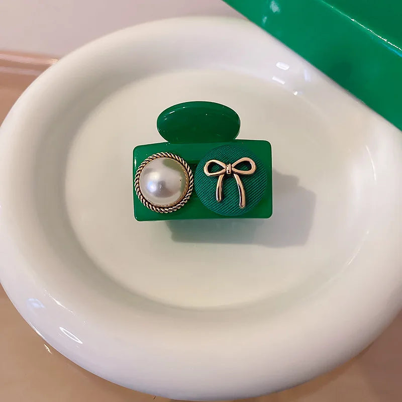 Retro Fabric Bow Pearl Button Hair Claw for Women