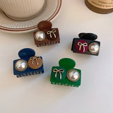 Retro Fabric Bow Pearl Button Hair Claw for Women