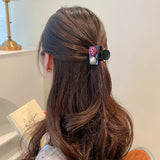 Retro Fabric Bow Pearl Button Hair Claw for Women