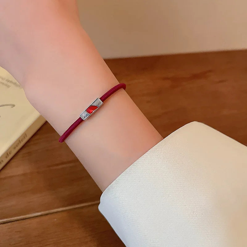 Red Enamel Love Knotted Bracelet For Couple Silver Beads