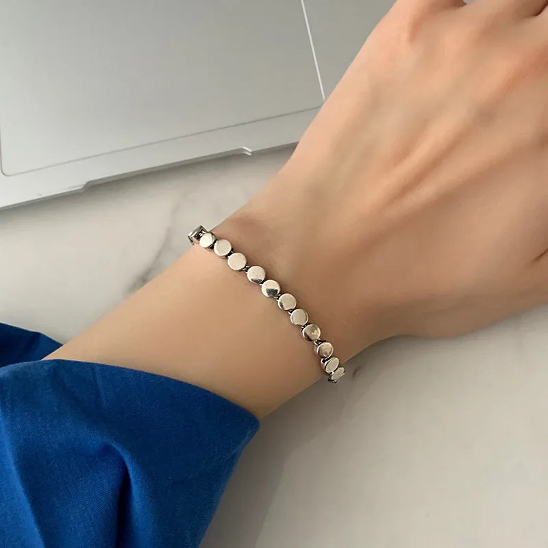Silver Metal Flat Round Sequin Chain Bracelet Ladies Geometric