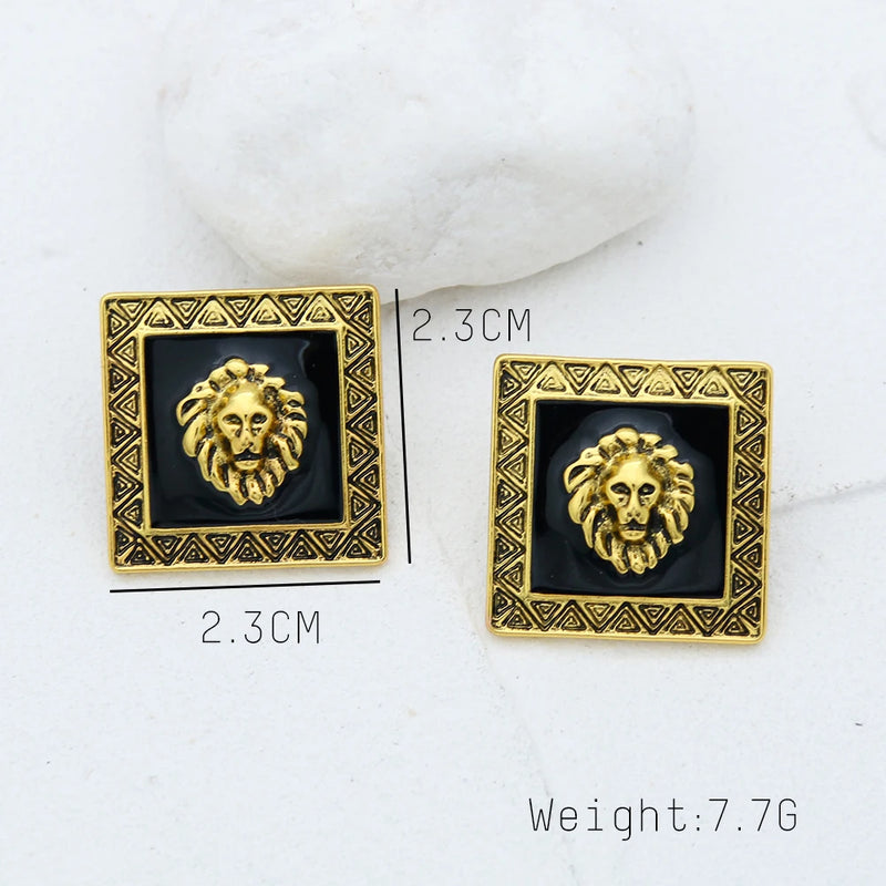 Lion Head Dangle Earring Geometric Enamel Drop Earring Punk Jewelry