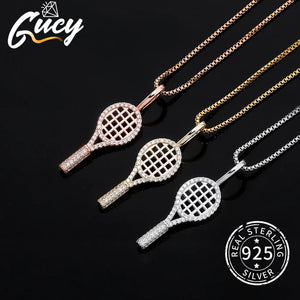 925 Sterling Silver Tennis Racket Pendant Necklace with Zircon for Gift