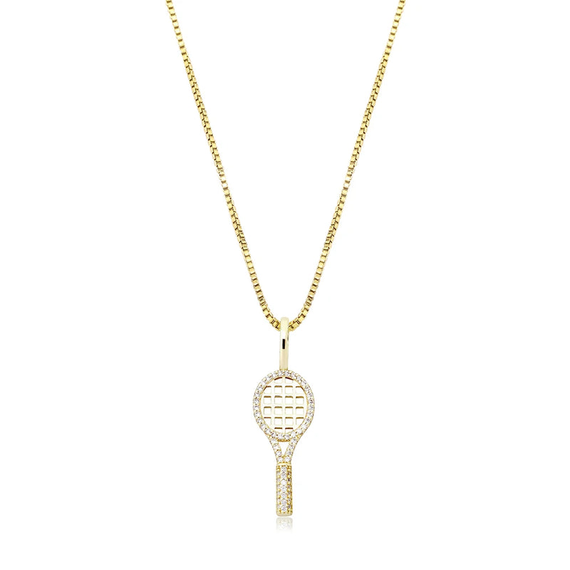 925 Sterling Silver Tennis Racket Pendant Necklace with Zircon for Gift