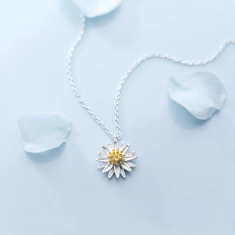 Real 925 Sterling Silver Daisy Flower Pendant Necklace for Women