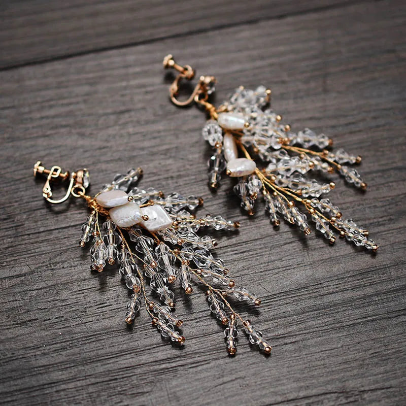 Crystal Clip On Earrings Shell Bridal Wedding Drop Earring Party Jewelry