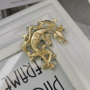 Matte Golden Star Moon Goddess Brooch Zircon Women Corsage Flower Pin