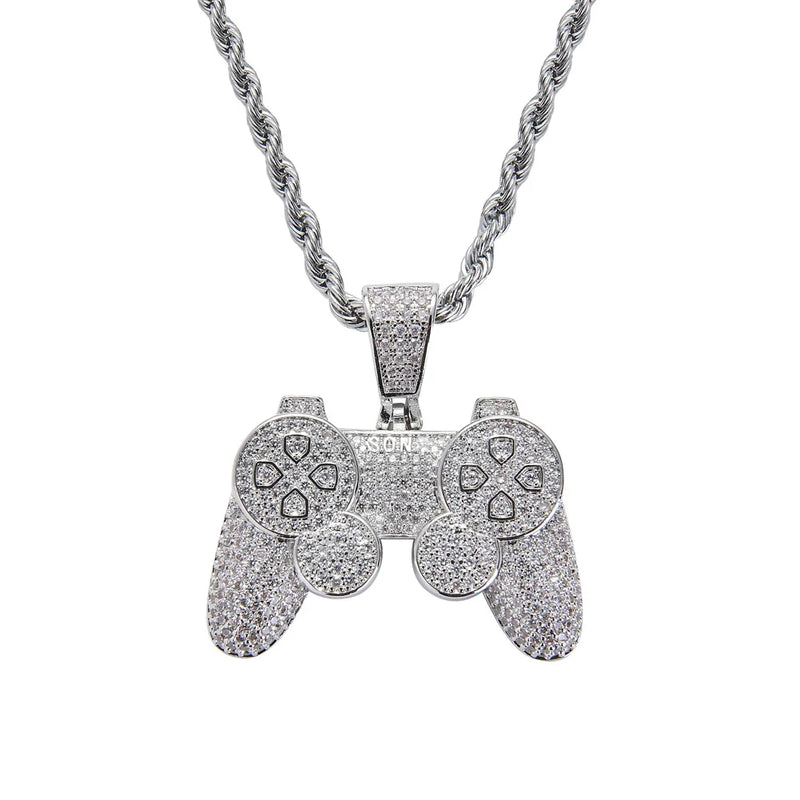 Game Console Pendants Iced Out Chain Bling CZ Silver Men's Hip Hop Rock Necklace