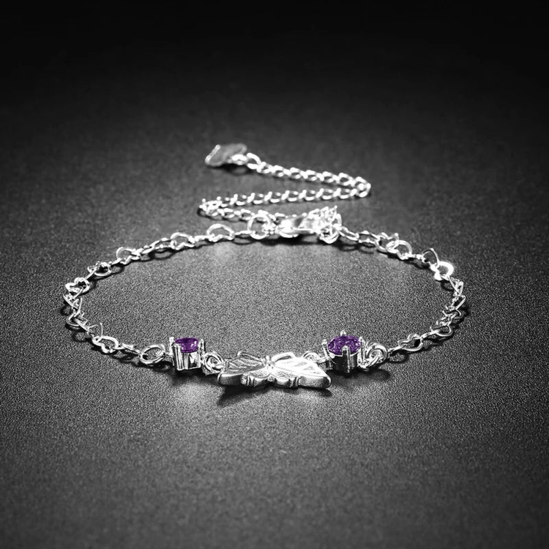 Garilina Inlaid Purple CZ Silver Anklet AB2050