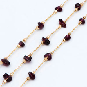 Garnet Chip Bead Chain, 18K Plated Brass, Garnet Stone Beaded Chain (#LK-511)