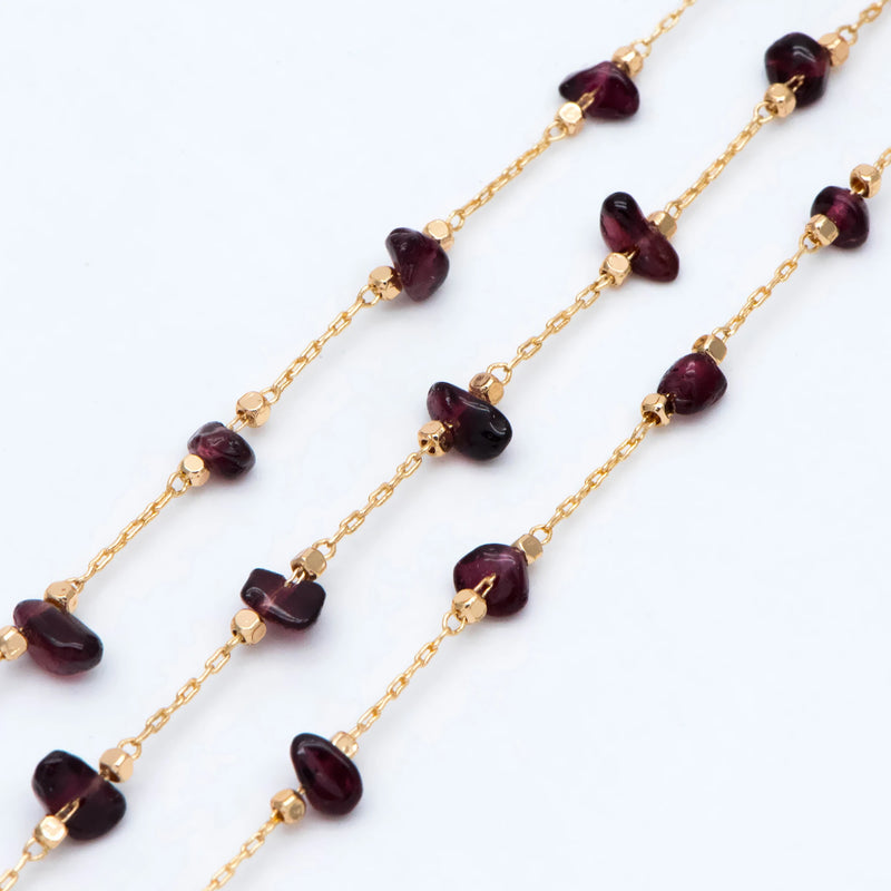 Garnet Chip Bead Chain, 18K Plated Brass, Garnet Stone Beaded Chain (#LK-511)