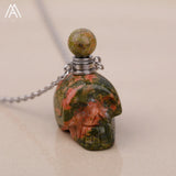 Skull Head Perfume Bottle Pendant Hand Carved Crystal Figurine Necklace