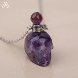 Skull Head Perfume Bottle Pendant Hand Carved Crystal Figurine Necklace