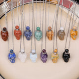 Skull Head Perfume Bottle Pendant Hand Carved Crystal Figurine Necklace