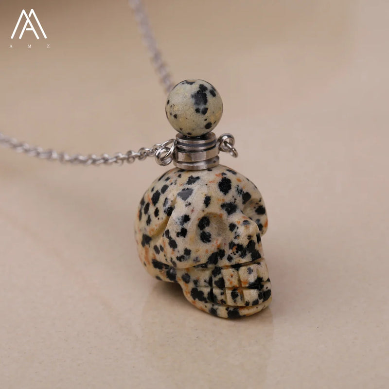 Skull Head Perfume Bottle Pendant Hand Carved Crystal Figurine Necklace