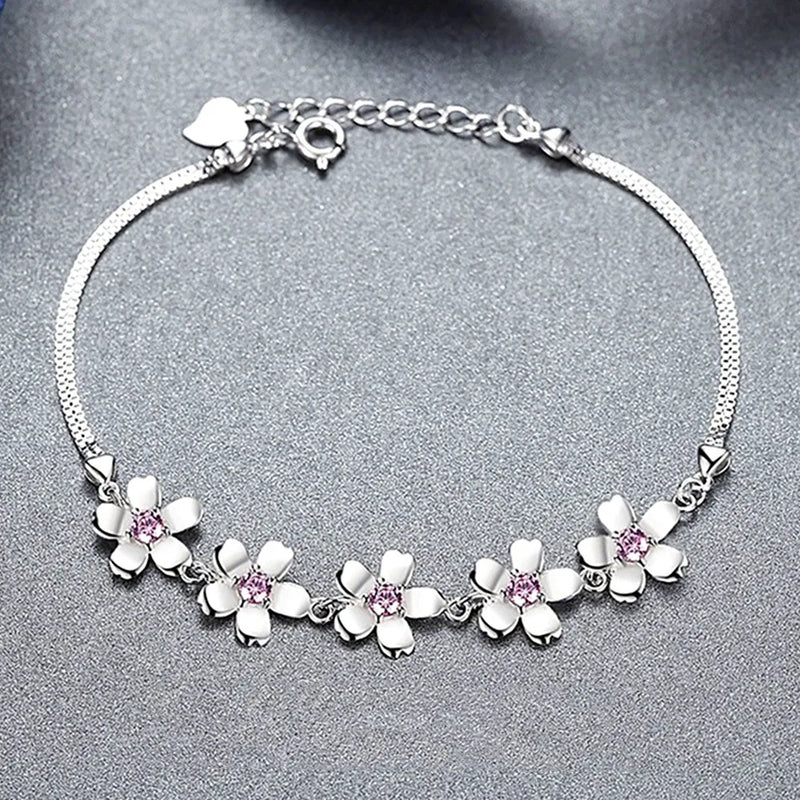 Pink Crystal Chain Bracelet with Silver Flower Charm