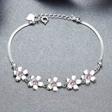 Pink Crystal Chain Bracelet with Silver Flower Charm