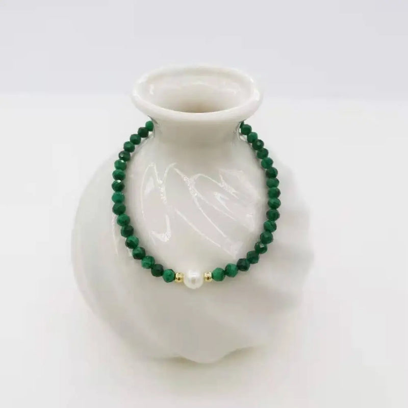 Malachite Bracelet Faceted Gemstones Pearl 14K Filled Women Fashion Jewelry
