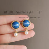 Vintage Silver Stud Earrings French Style Pearl Women's Jewelry
