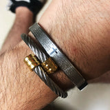 Men Cuff Bracelet Cable Wire Rope Cross Set Stainless Steel Bracelet
