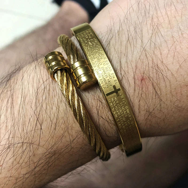 Men Cuff Bracelet Cable Wire Rope Cross Set Stainless Steel Bracelet