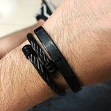 Men Cuff Bracelet Cable Wire Rope Cross Set Stainless Steel Bracelet