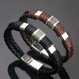 Gentleman Leather Titanium Steel Braided Clasp Bangle Bracelet Men Women