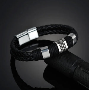 Gentleman Leather Titanium Steel Braided Clasp Bangle Bracelet Men Women