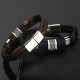 Gentleman Leather Titanium Steel Braided Clasp Bangle Bracelet Men Women