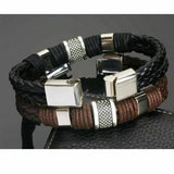 Gentleman Leather Titanium Steel Braided Clasp Bangle Bracelet Men Women