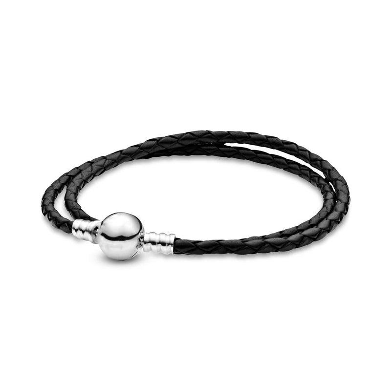 925 Silver Charm Double Circle Leather Bracelet