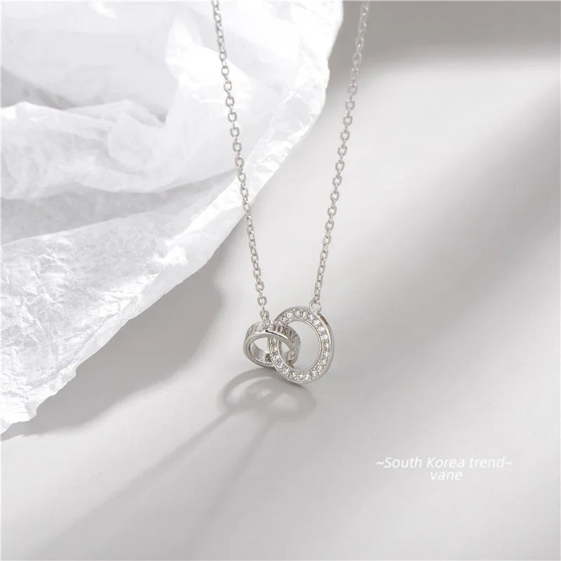 925 Silver Crystal Double Circle Pendant Necklace