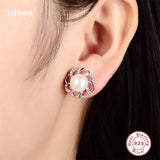 925 Silver Pearl Stud Earrings CZ Women Jewelry