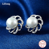 925 Silver Pearl Stud Earrings CZ Women Jewelry